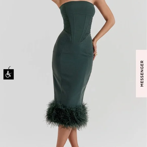 House of CB | Dresses | House Of Cb Green Strapless Dress With Feather Trim  | Poshmark